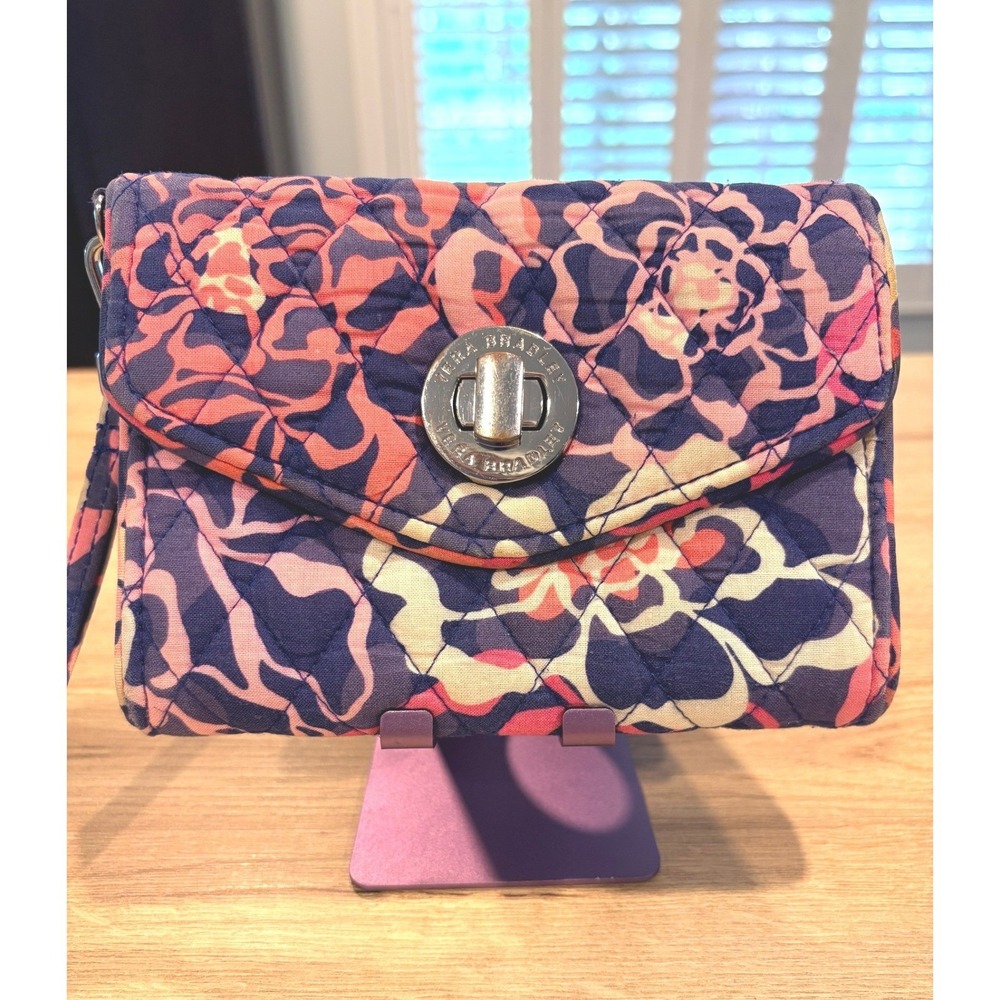 Vera Bradley Turnlock Wallet Quilted Cotton Floral Wristlet Purple Pink Blue
